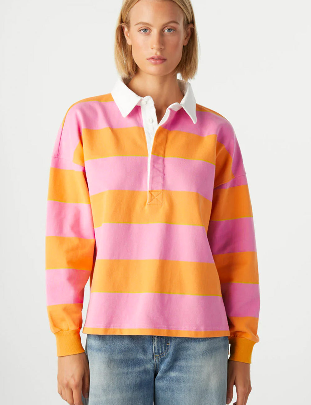 Yellow Stripe Color Block Polo Collar Sweatshirt | Sweatshirts Daverri Fashions