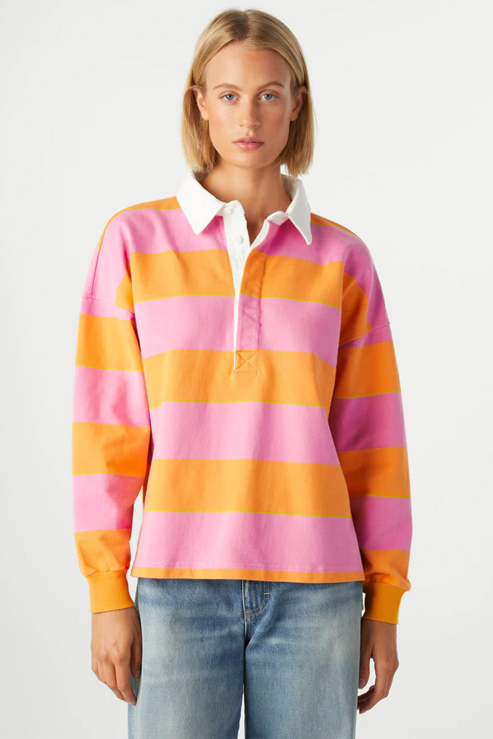 Yellow Stripe Color Block Polo Collar Sweatshirt | Sweatshirts Daverri Fashions