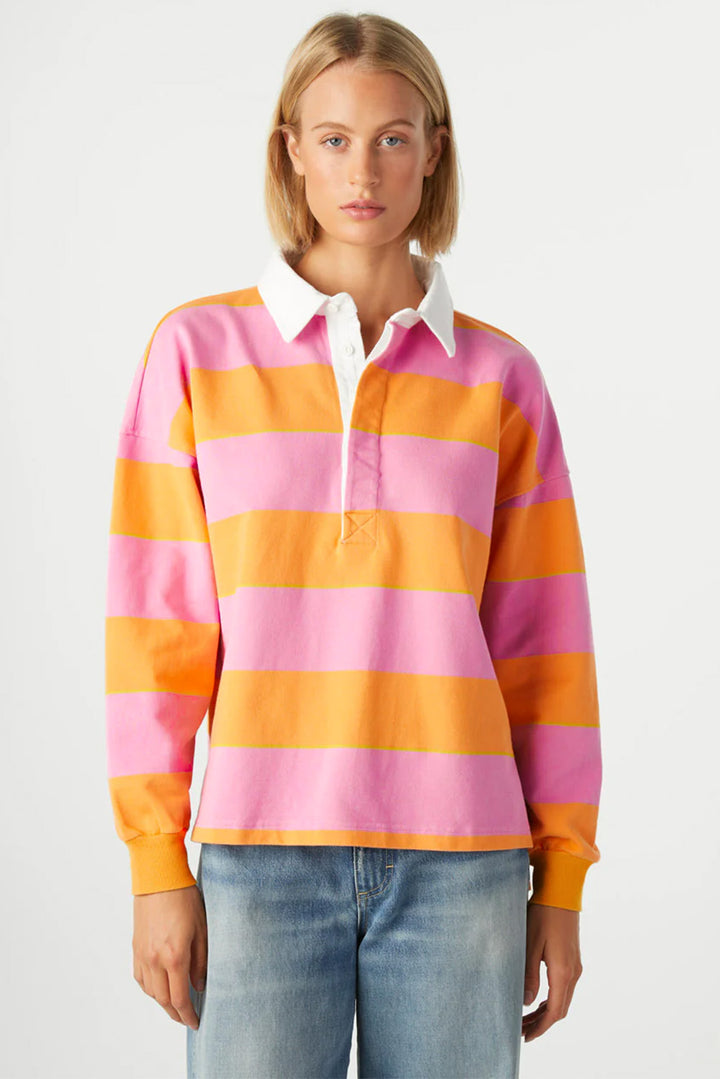 Yellow Stripe Color Block Polo Collar Sweatshirt | Sweatshirts Daverri Fashions