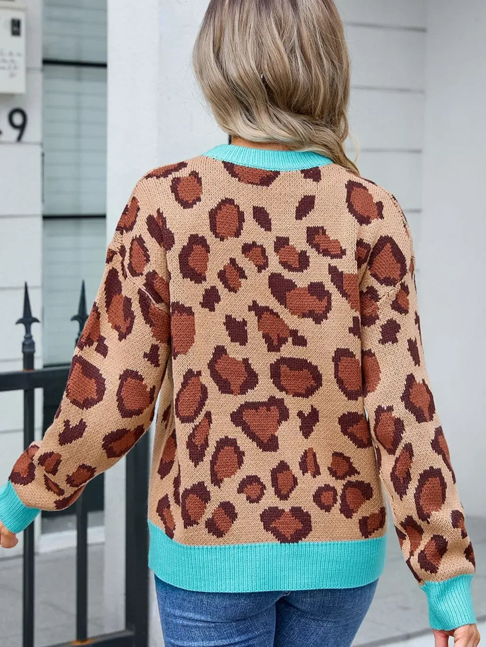 Leopard Round Neck Long Sleeve Sweater - DAVERRI FASHIONS
