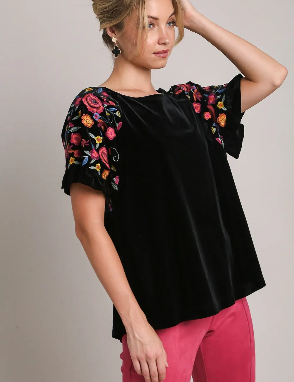 Black 1XL Umgee Full Size Velvet Embroidery Short Sleeve Blouse | Blouses Daverri Fashions