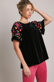Black 1XL Umgee Full Size Velvet Embroidery Short Sleeve Blouse | Blouses Daverri Fashions