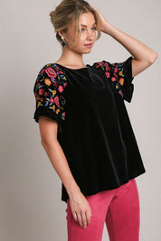 Umgee Full Size Velvet Embroidery Short Sleeve Blouse Black