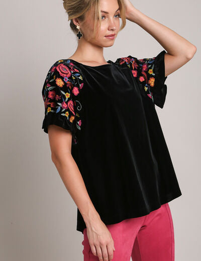 Umgee Full Size Velvet Embroidery Short Sleeve Blouse Black