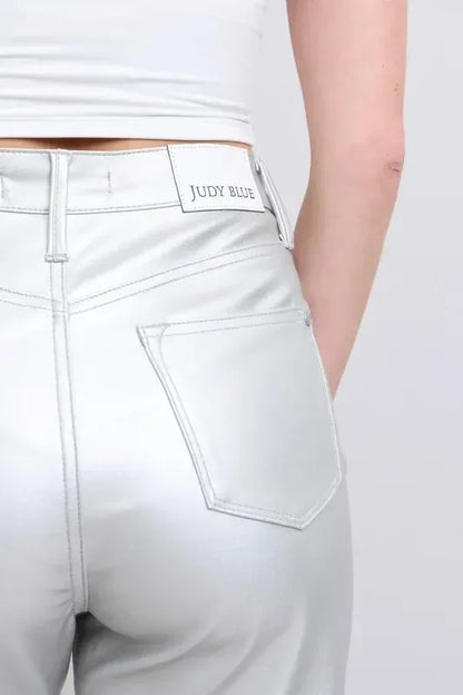 Judy Blue Full Size High Waist Silver Faux Leather Pants Plus Size - DAVERRI FASHIONS