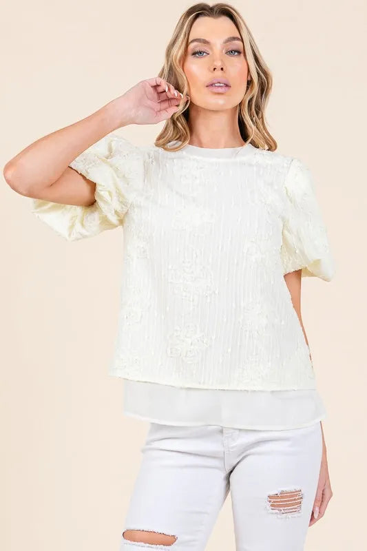 Lime 'N' Chili Floral Textured Puff Sleeve Top CREAM