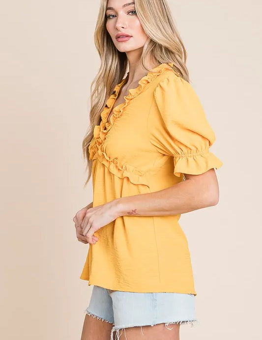 Lime 'N' Chili Solid Ruffled Deep V-Neck Puff Sleeve Babydoll Top | Tops Daverri Fashions