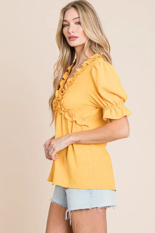 Lime 'N' Chili Solid Ruffled Deep V-Neck Puff Sleeve Babydoll Top | Tops Daverri Fashions