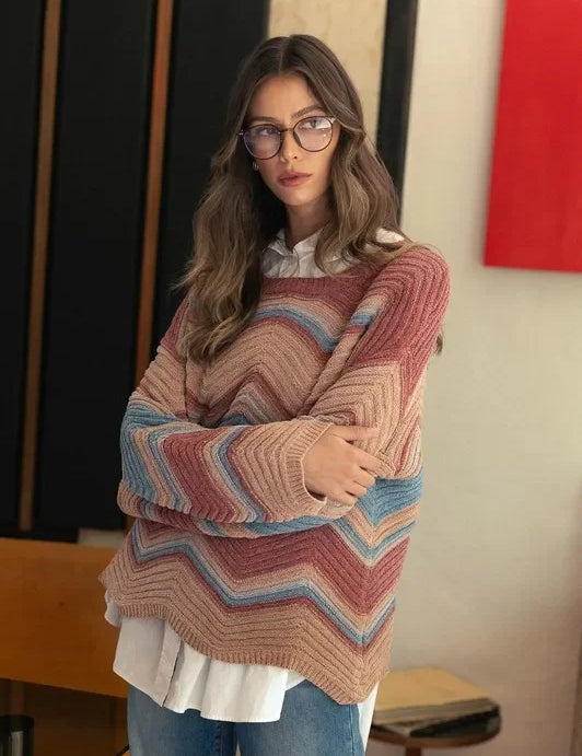 Annie Wear multi-color zigzag round neck striped sweater in pink, blue, white