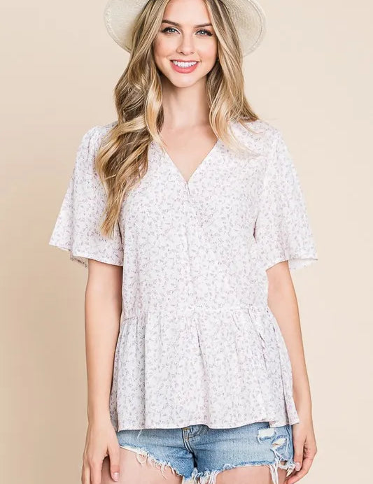 IVORY LAVENDER Lime 'N' Chili Ditsy Print V-Neck Short Sleeve Wrap Blouse | Daverri Fashions