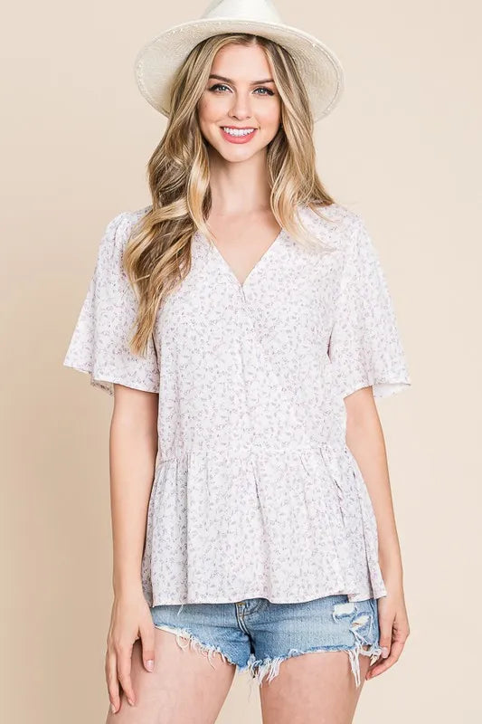 Lime 'N' Chili Ditsy Print V-Neck Short Sleeve Wrap Blouse IVORY LAVENDER