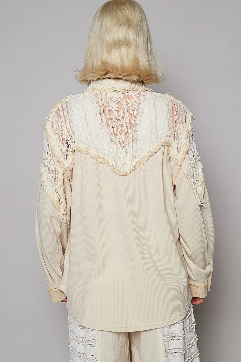 POL Lace Patchwork Button Up Shacket | Shackets Daverri Fashions