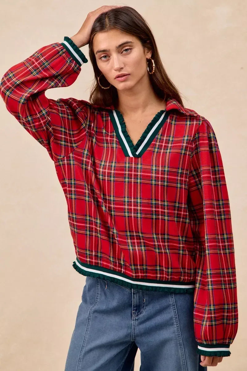 BiBi Christmas Plaid Collared Top with Ruffled Detail - DAVERRI FASHIONS