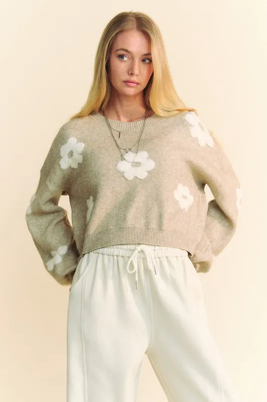 Beige knit cropped sweater with white floral embroidery by Davi & Dani