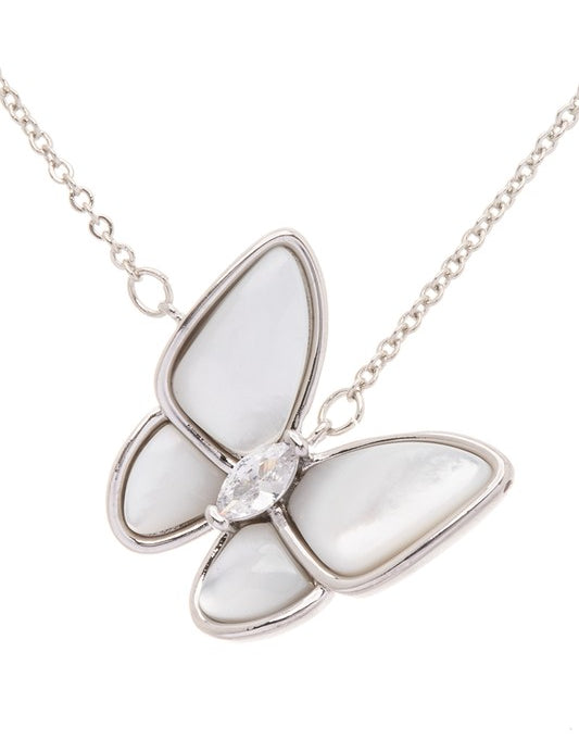 Rhodium O S MOP Butterfly Pendant Necklace | Necklaces Daverri Fashions