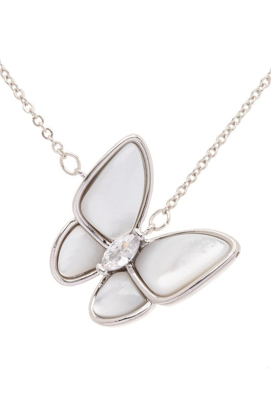 Rhodium O S MOP Butterfly Pendant Necklace | Necklaces Daverri Fashions