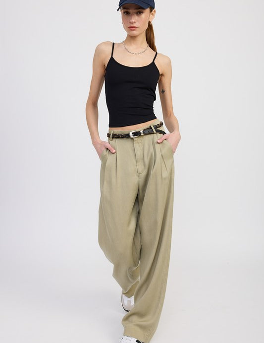 WASHED TAN HIGH WAIST WIDE LEG TROUSERS WITH FRONT PLEATS | Daverri Fashions