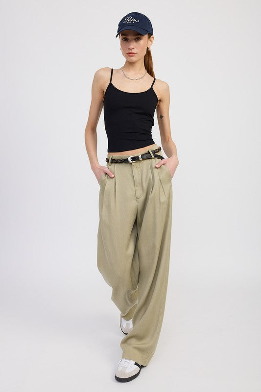 HIGH WAIST WIDE LEG TROUSERS WITH FRONT PLEATS WASHED TAN