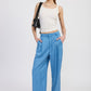 HIGH WAIST WIDE LEG TROUSERS WITH FRONT PLEATS CHAMBRAY