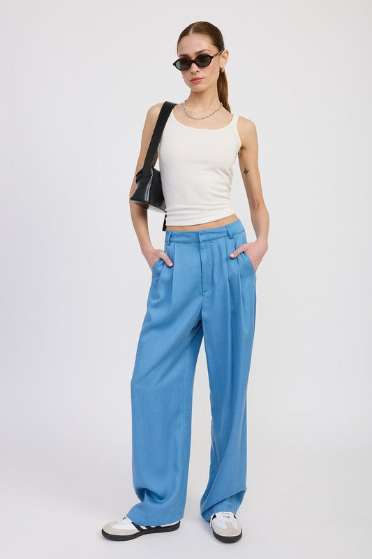 HIGH WAIST WIDE LEG TROUSERS WITH FRONT PLEATS CHAMBRAY