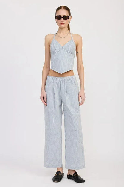 CINCHED TWILL PANTS WITH WIDE LEG - DAVERRI FASHIONS