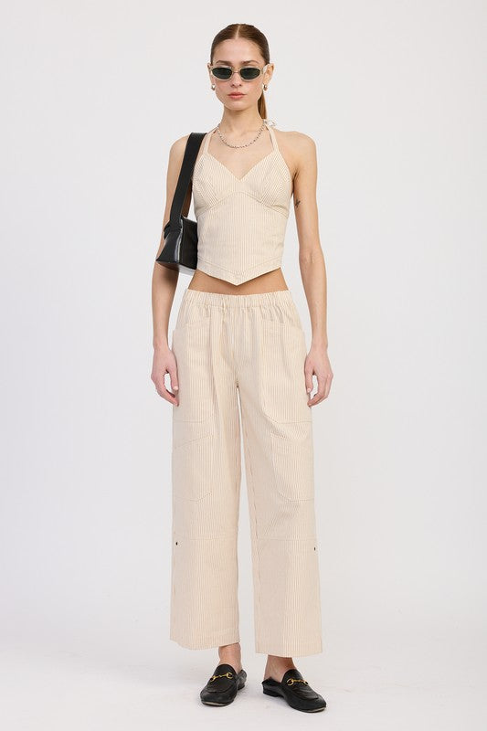CINCHED TWILL PANTS WITH WIDE LEG