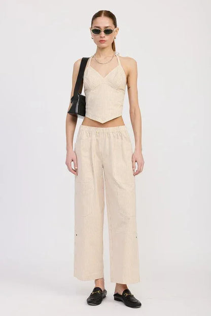 CINCHED TWILL PANTS WITH WIDE LEG - DAVERRI FASHIONS