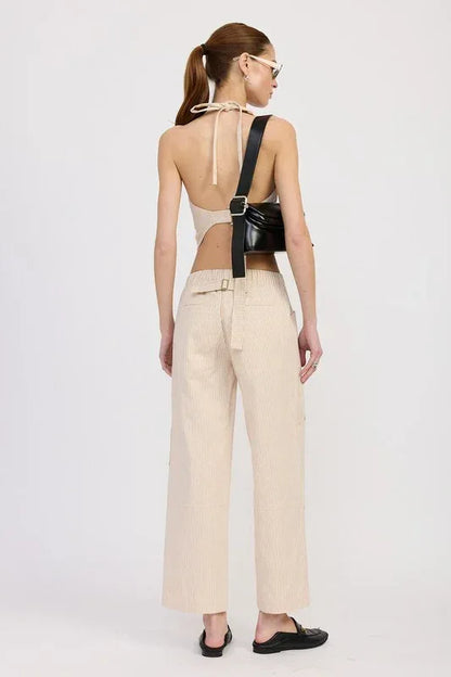 CINCHED TWILL PANTS WITH WIDE LEG - DAVERRI FASHIONS