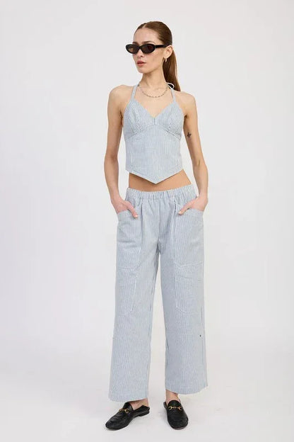 CINCHED TWILL PANTS WITH WIDE LEG - DAVERRI FASHIONS