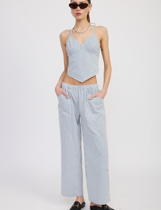SKY BLUE STRIPE CINCHED TWILL PANTS WITH WIDE LEG | Pants Daverri Fashions