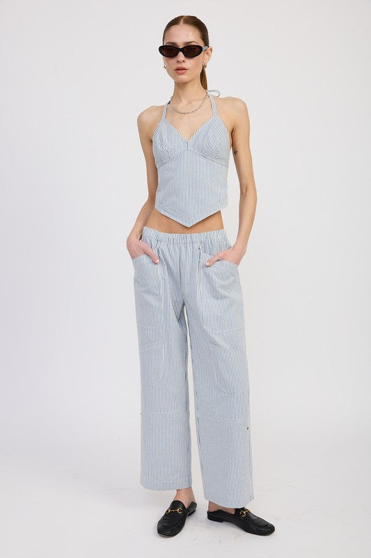 CINCHED TWILL PANTS WITH WIDE LEG SKY BLUE STRIPE