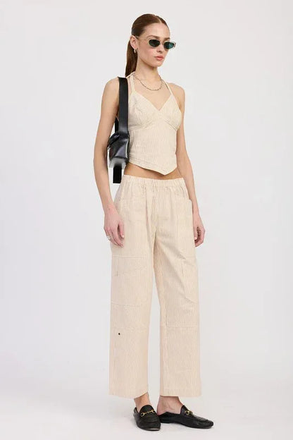 CINCHED TWILL PANTS WITH WIDE LEG - DAVERRI FASHIONS