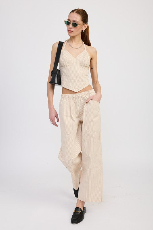 CINCHED TWILL PANTS WITH WIDE LEG