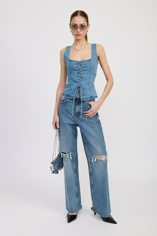 DENIM LACE UP BUSTIER TOP Tops