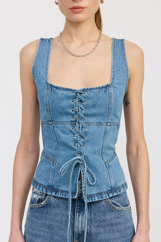 DENIM LACE UP BUSTIER TOP Tops