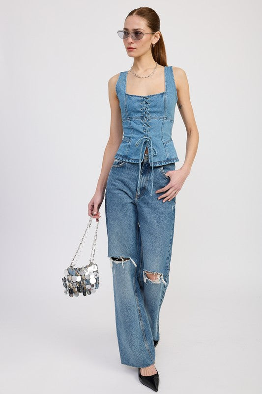DENIM LACE UP BUSTIER TOP Tops