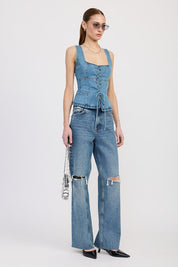 DENIM LACE UP BUSTIER TOP | Tops Daverri Fashions
