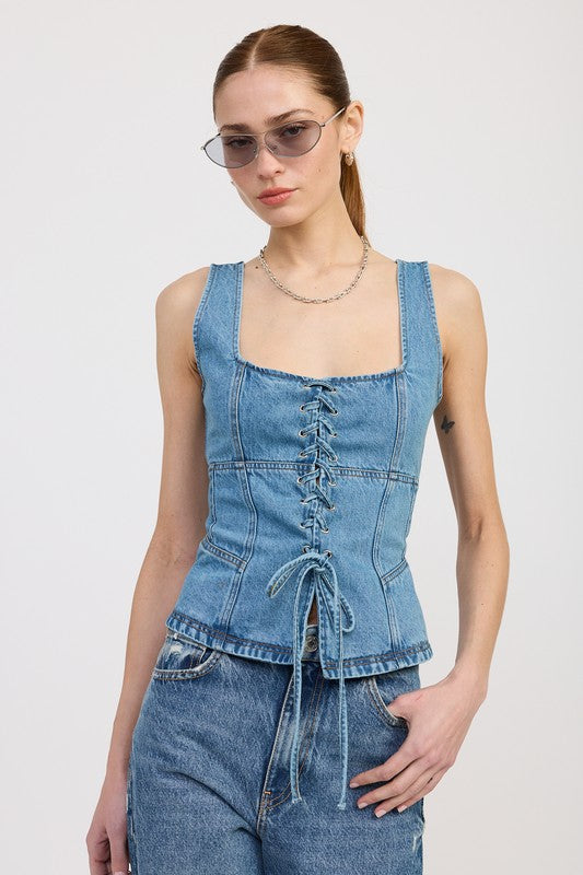 DENIM LACE UP BUSTIER TOP TRUE BLUE Tops