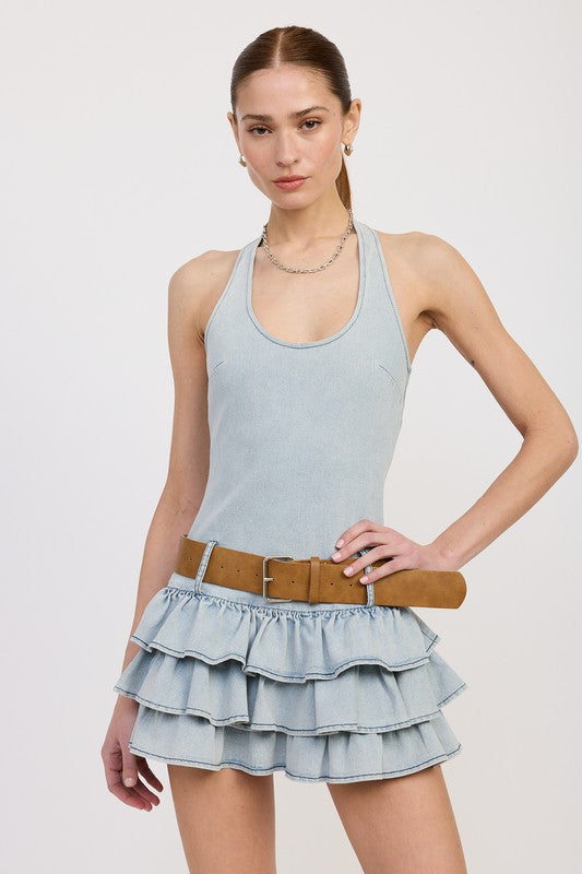 TIERED MINI DRESS WITH HALTER NECK AND BELT LT DENIM Mini Dresses