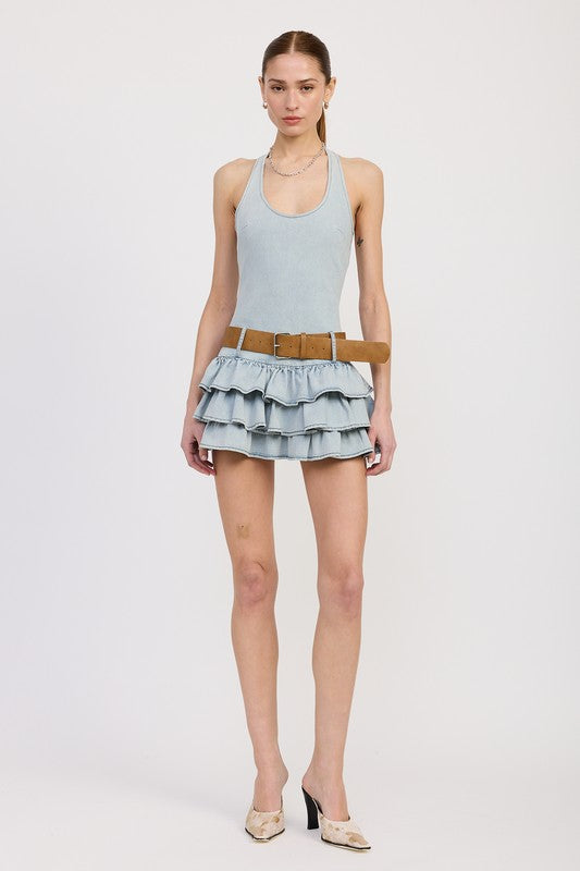 TIERED MINI DRESS WITH HALTER NECK AND BELT Mini Dresses