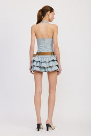 TIERED MINI DRESS WITH HALTER NECK AND BELT | Mini Dresses Daverri Fashions