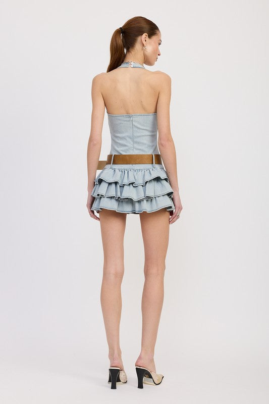 TIERED MINI DRESS WITH HALTER NECK AND BELT Mini Dresses