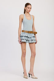 TIERED MINI DRESS WITH HALTER NECK AND BELT | Mini Dresses Daverri Fashions