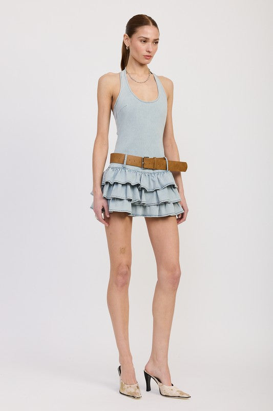 TIERED MINI DRESS WITH HALTER NECK AND BELT Mini Dresses