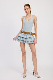 TIERED MINI DRESS WITH HALTER NECK AND BELT | Mini Dresses Daverri Fashions