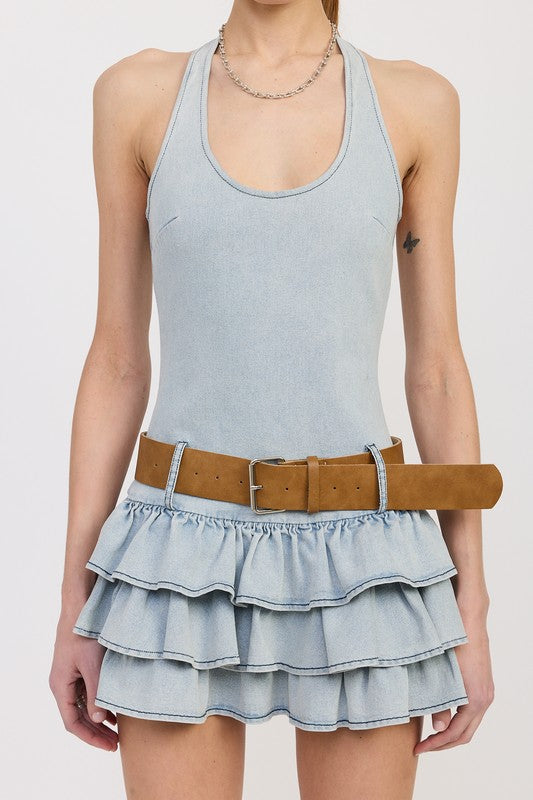 TIERED MINI DRESS WITH HALTER NECK AND BELT Mini Dresses