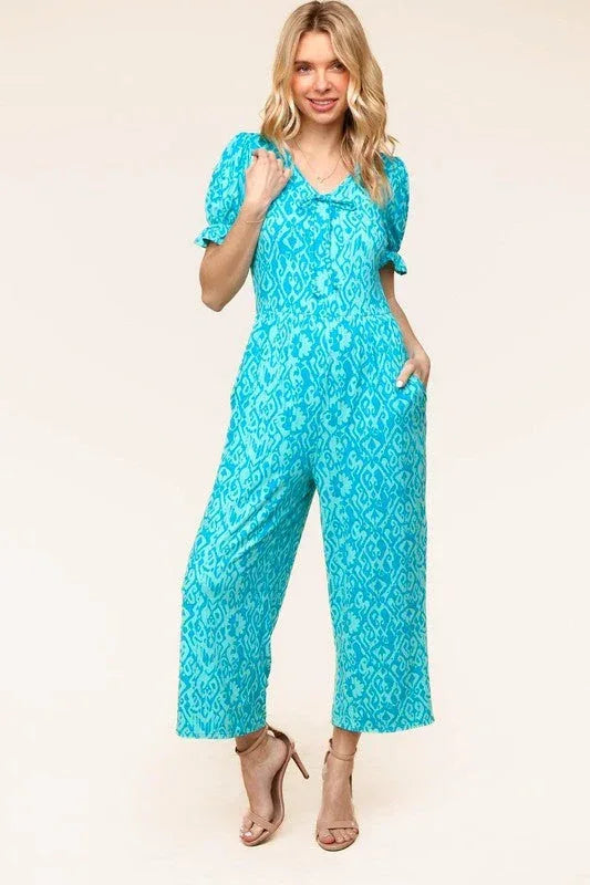 PLUS Spring Vibes Aqua Ikat Print Ruffle Sleeve Wide Leg Jumpsuit - DAVERRI FASHIONS