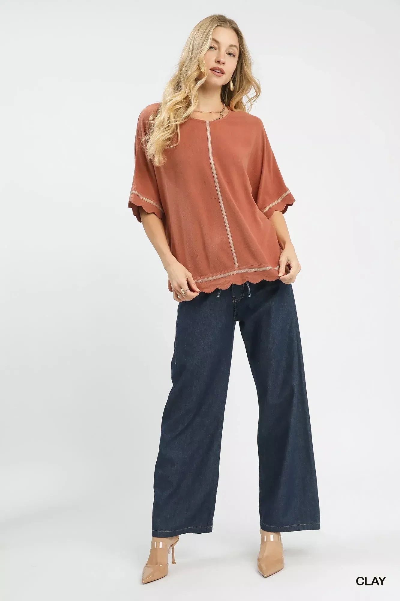 Umgee Linen Blend Scallop Trim Top - DAVERRI FASHIONS