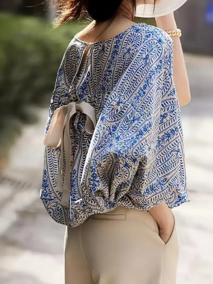 Blue Bohemian Print Round Neck Loose Batwing Sleeve Blouse | Blouses Daverri Fashions