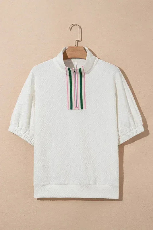 Colorblock Zipper Puff Sleeve Textured Blouse - DAVERRI FASHIONS